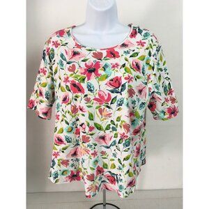 Time and Tru Womens Top Size XXL White w Colorful Flowers Short Sleeve T shirt